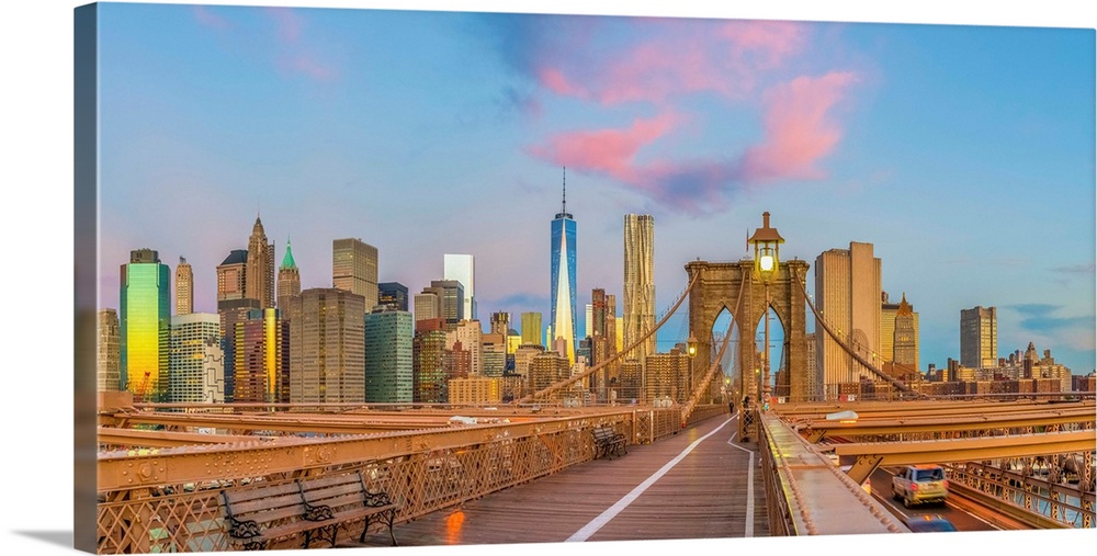 USA, New York, Brooklyn Bridge and Lower Manhattan Skyline with Freedom Tower.