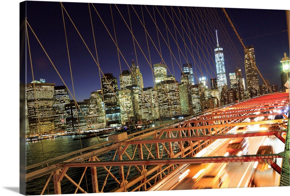 USA, New York City, Brooklyn Bridge and Lower Manhattan Skyline.