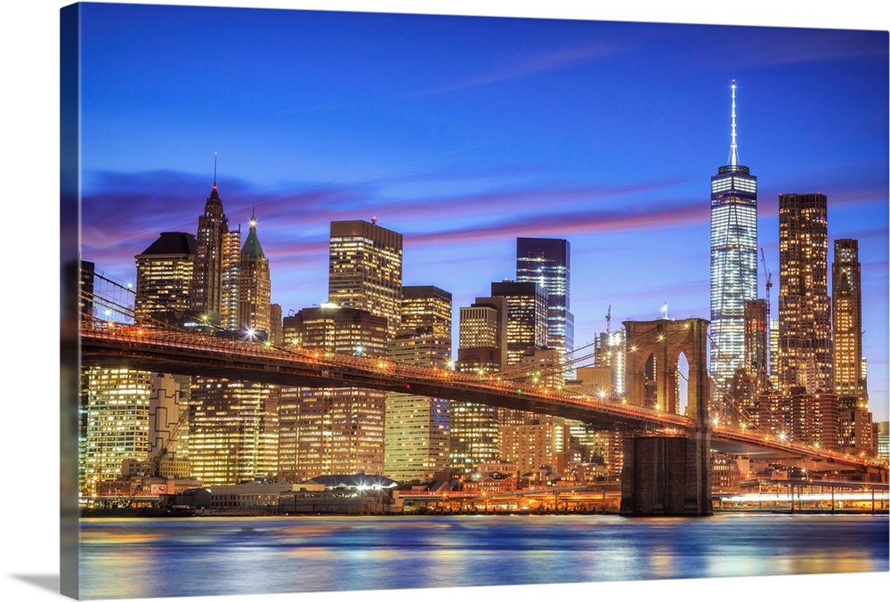 USA, New York, New York City, Lower Manhattan and Brooklyn Bridge.