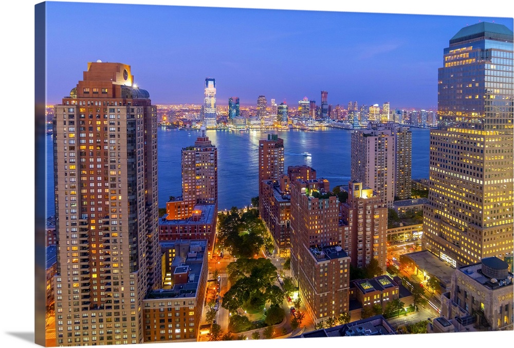 USA, New York, Lower Manhattan, Jersey City in New Jersey across Hudson River.