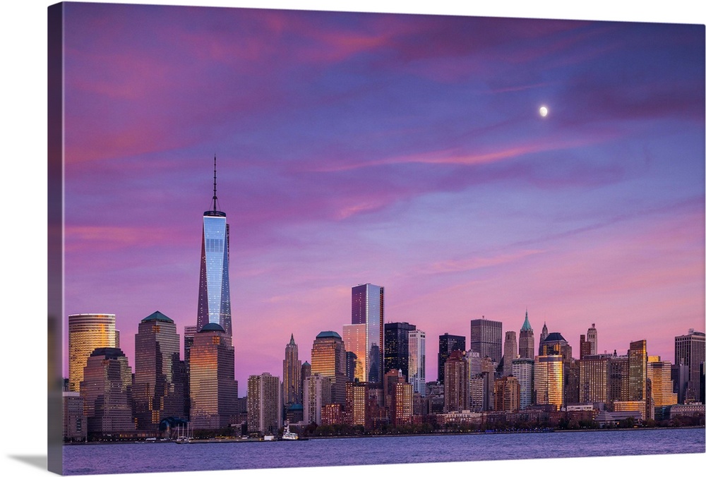 USA, New York, New York City, lower Manhattan and Freedom Tower, dusk