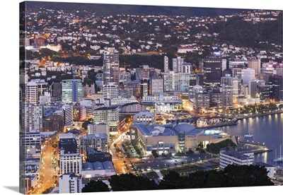 New Zealand, North Island, Wellington, elevated city skyline from Mt. Victoria, dawn