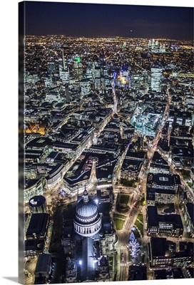 Night aerial view of St. Paul's and City of London, London, England
