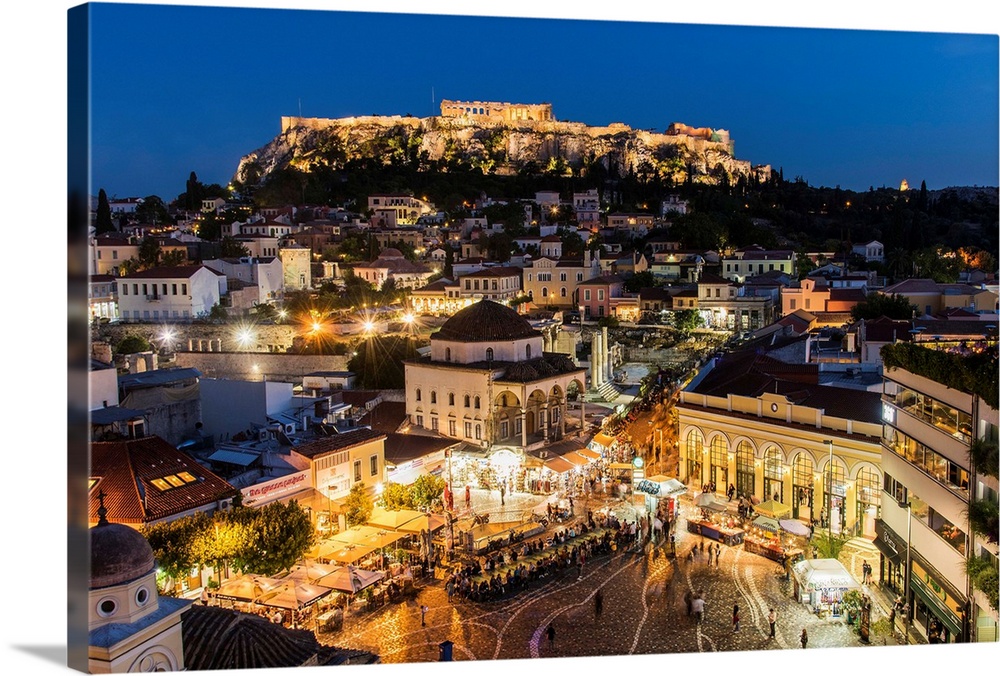 Night city skyline with Monastiraki square and Acropolis in the background, Athens, Attica, Greece
