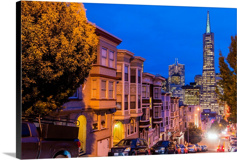 Night view of downtown skyline from North Beach district, San Francisco, California, USA