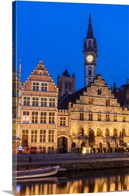 Night view of Graslei quay with Post Plaza tower, Ghent, East Flanders, Belgium