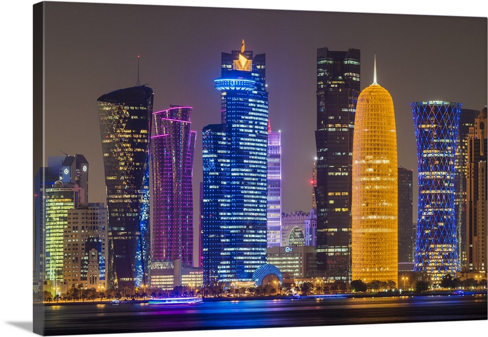 Night view of the business district skyline, Doha, Qatar.