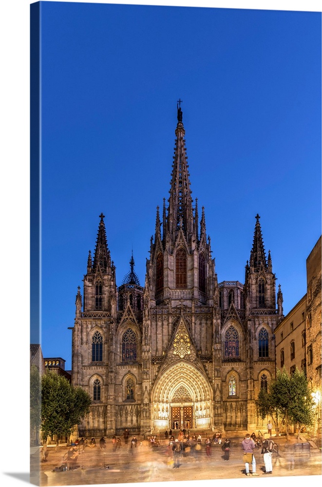 Night View Of The Cathedral Of The Holy Cross And Saint Eulalia, Barcelona, Catalonia, Spain