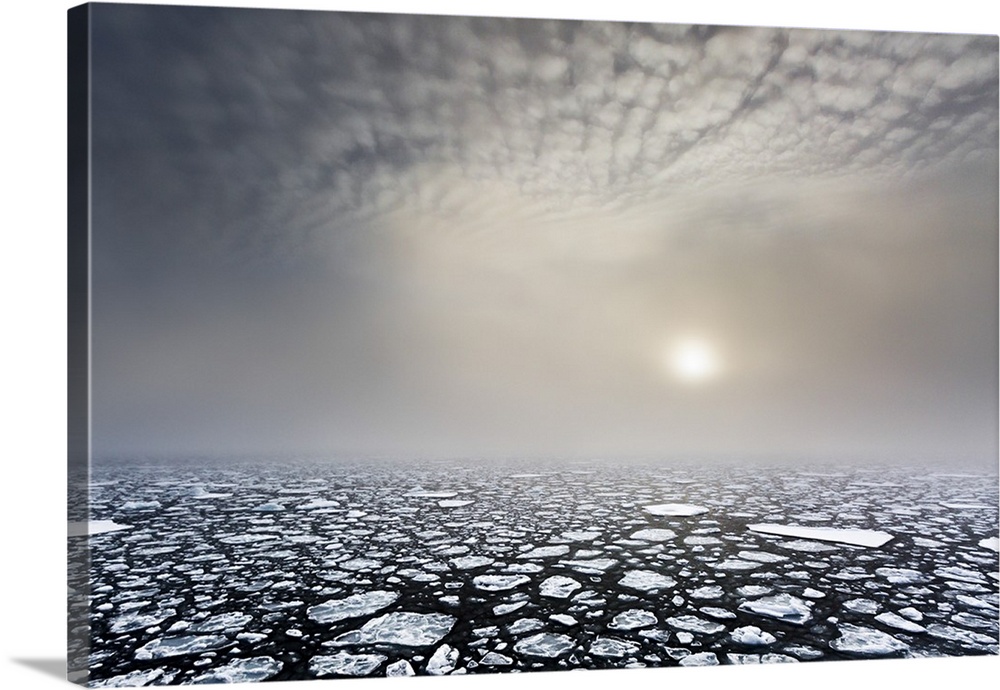 Mist on the pack ice, in the high arctic ocean, north of Spitsbergen, Svalbard islands, Norway.
