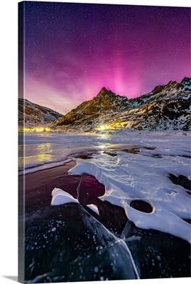 Northern Lights Over The Village Of Montespluga And Frozen Lake, Italy