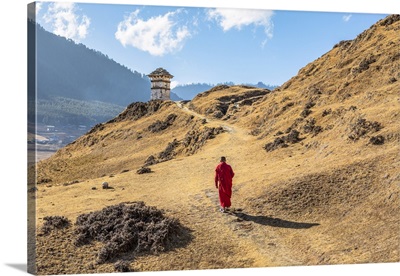 Novice Monk (Child Monk) Walking In Phobjikha Valley, Bhutan