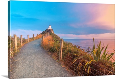 Nugget Point Lighthouse At Sunset, Ahuriri Flat, South Island, New Zealand