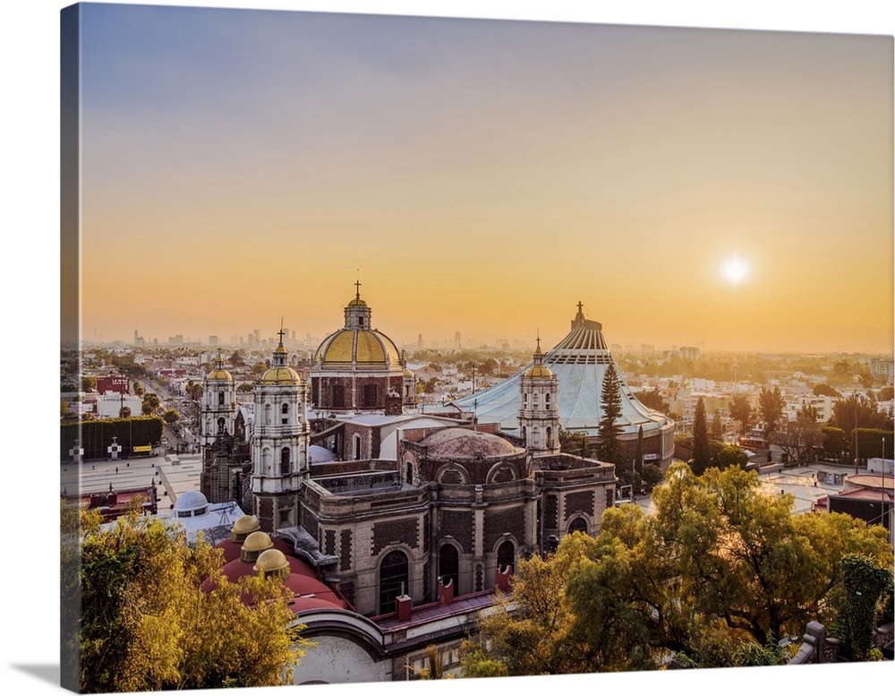 Old and New Basilicas of Guadalupe at sunset, elevated view, Villa de Guadalupe, Mexico City, Mexico