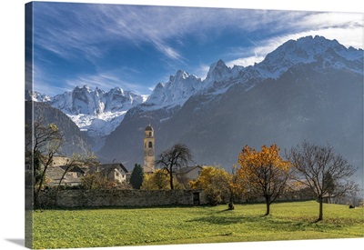 Old Church And Snowcapped Sciore Mountains, Switzerland