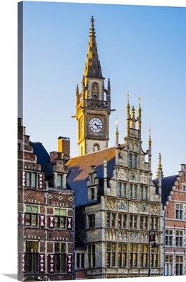 Old Post Office clock tower and medieval guild houses on Graslei, Belgium, Flanders