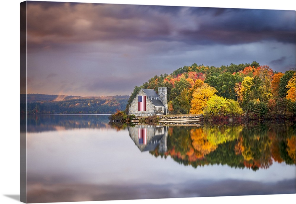Old Stone Church in West Boylston, decorated with an American Flag, West Boylston, Massachusetts, New England, USA