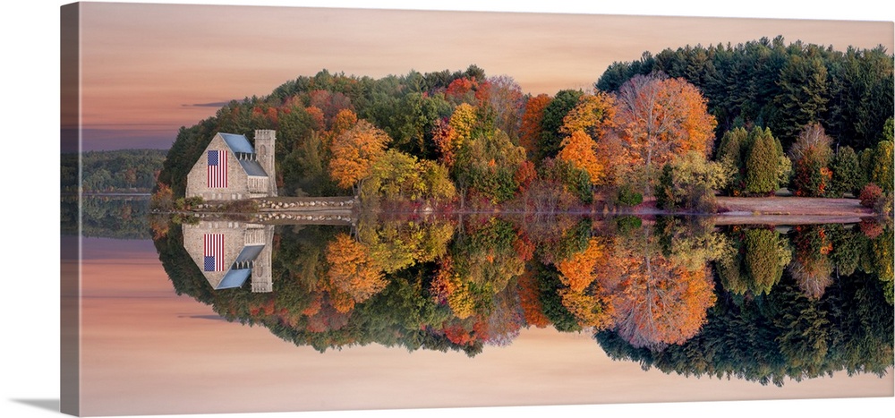 Old Stone Church in West Boylston, decorated with an American Flag, West Boylston, Massachusetts, New England, USA
