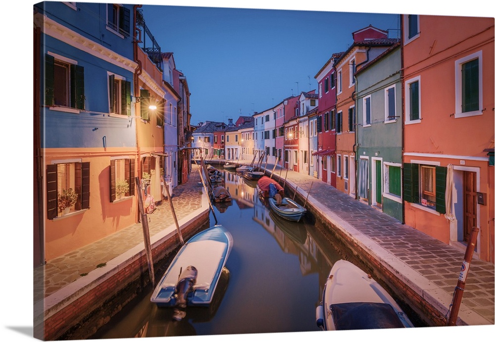 One of the typical canals of the island of Burano at evening, Laguna di Venezia, Venice, Veneto, Italy, Europe