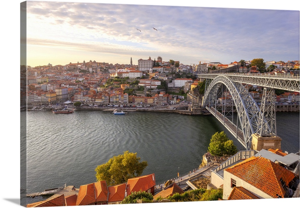 Overview of Porto old town and Dom Luis I Bridge, Vila Nova de Gaia, Porto, Portugal