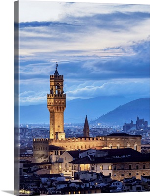 Palazzo Vecchio At Dusk, Elevated View, Florence, Tuscany, Italy