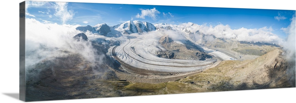 Panoramic Aerial View Of The Diavolezza And Pers Glaciers, St. Moritz, Canton Of Graubunden, Engadine, Switzerland