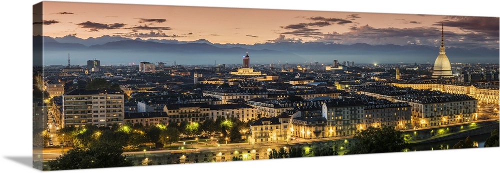 Panoramic view at dusk, Turin, Piedmont, Italy.