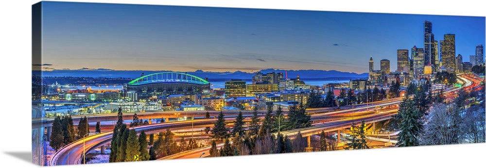 Panoramic view over Downtown skyline with Interstate 5 at twilight, Seattle, Washington, USA.
