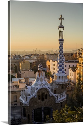 Park Guell with city skyline behind at sunrise, Barcelona, Catalonia, Spain