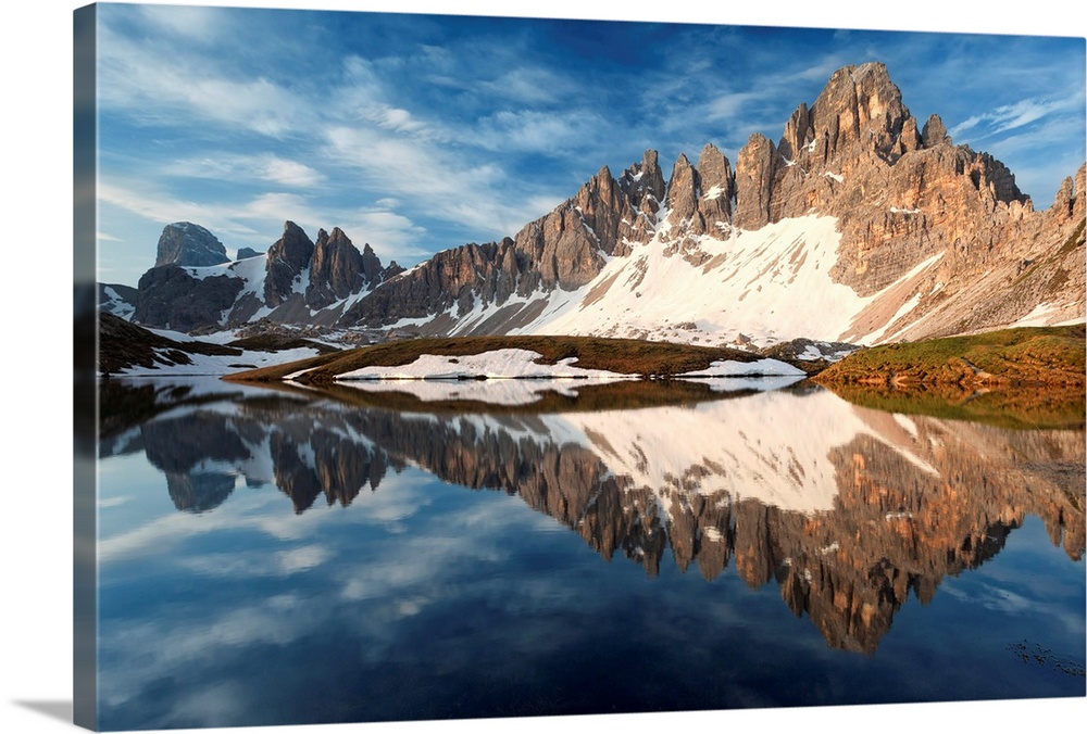 Paterno mount (Paternkofel) and Crode of Piani reflected in the Piani Lake (Bodenseen), Dolomites, Veneto, Italy.