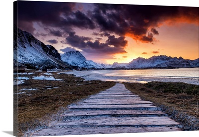 Path Leading To Ramberg Beach At Sunset, Lofoten Islands, Norway