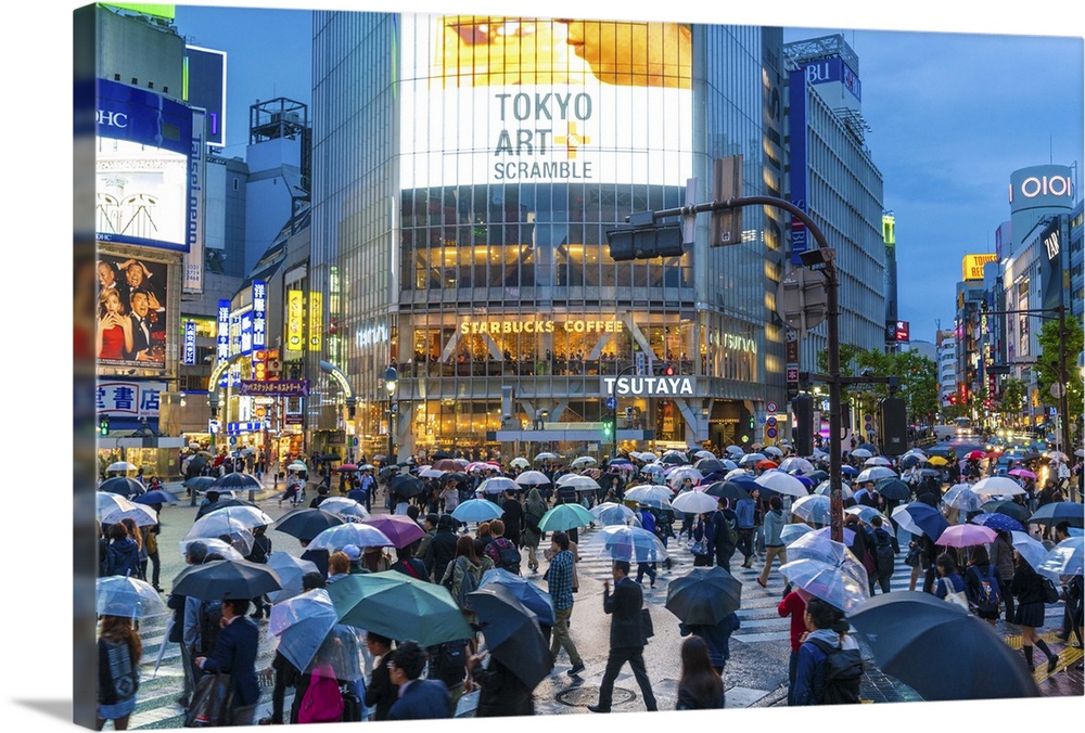 Pedestrians with umbrellas Shibuya Crossing, one of the busiest crossings in the world, Tokyo, Japan.