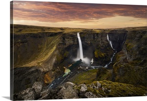 Person At Hifoss Waterfall During Summer At Sunset, Fossa River, Iceland image thumbnail