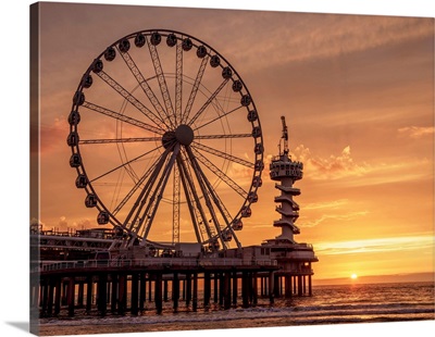 Pier And Ferris Wheel In Scheveningen, Sunset, The Hague, South Holland, The Netherlands