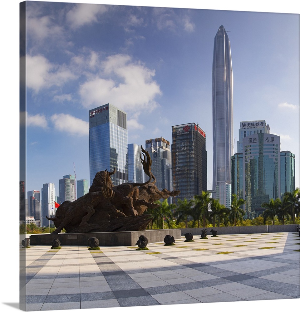 Ping An International Finance Centre (world's 4th tallest building in 2017 at 600m) and sculpture of Shenzhen Stock Exchan...