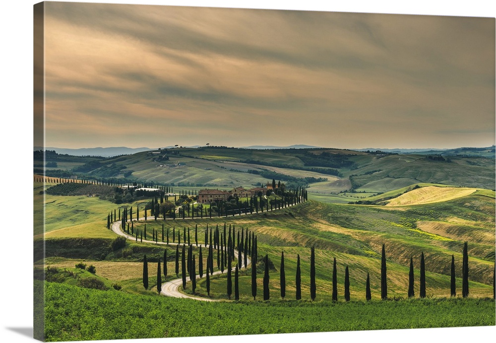 Podere Baccoleno in spring during a hazy afternoon, Crete Senesi, Tuscany, Italy