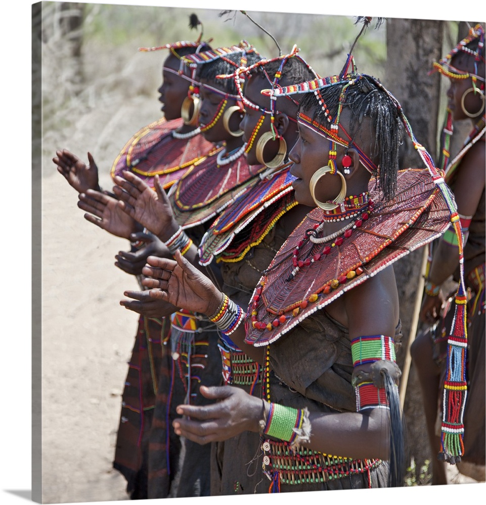 Pokot women wearing traditional beaded ornaments and brass earrings denoting their married status. celebrate an Atelo cere...