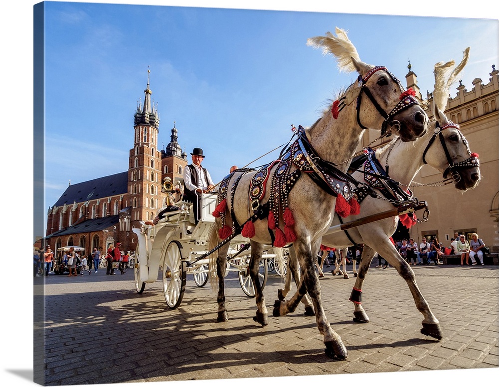 Poland, Lesser Poland Voivodeship, Cracow, Main Market Square, Horse Carriage with St. Mary Basilica in the background.