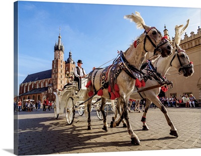 Poland, Cracow, Main Market Square, Horse Carriage with St. Mary Basilica