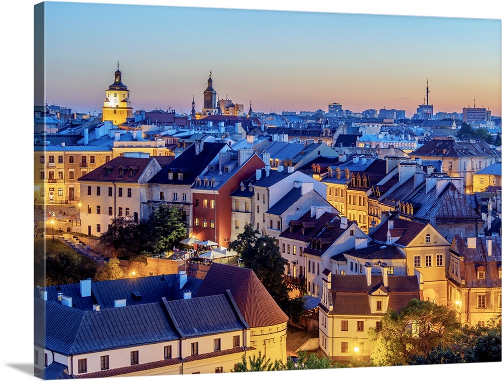 Poland, Lublin Voivodeship, City of Lublin, Old Town Skyline at twilight.