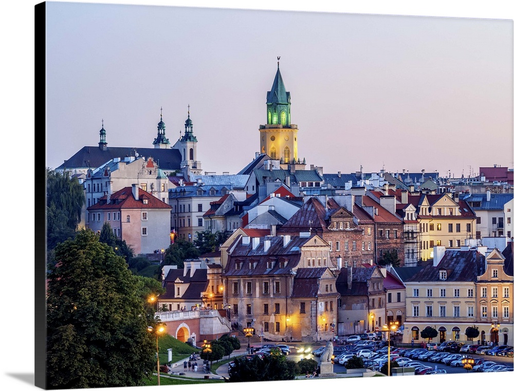 Poland, Lublin Voivodeship, City of Lublin, Old Town Skyline at twilight.