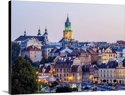 Poland, Lublin Voivodeship, City of Lublin, Old Town Skyline at twilight