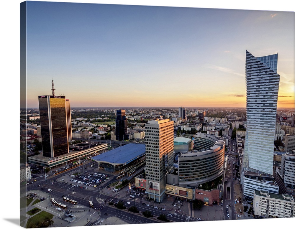 Poland, Masovian Voivodeship, Warsaw City Center Skyscrapers at sunset.