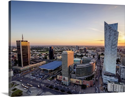 Poland, Masovian Voivodeship, Warsaw City Center Skyscrapers at sunset