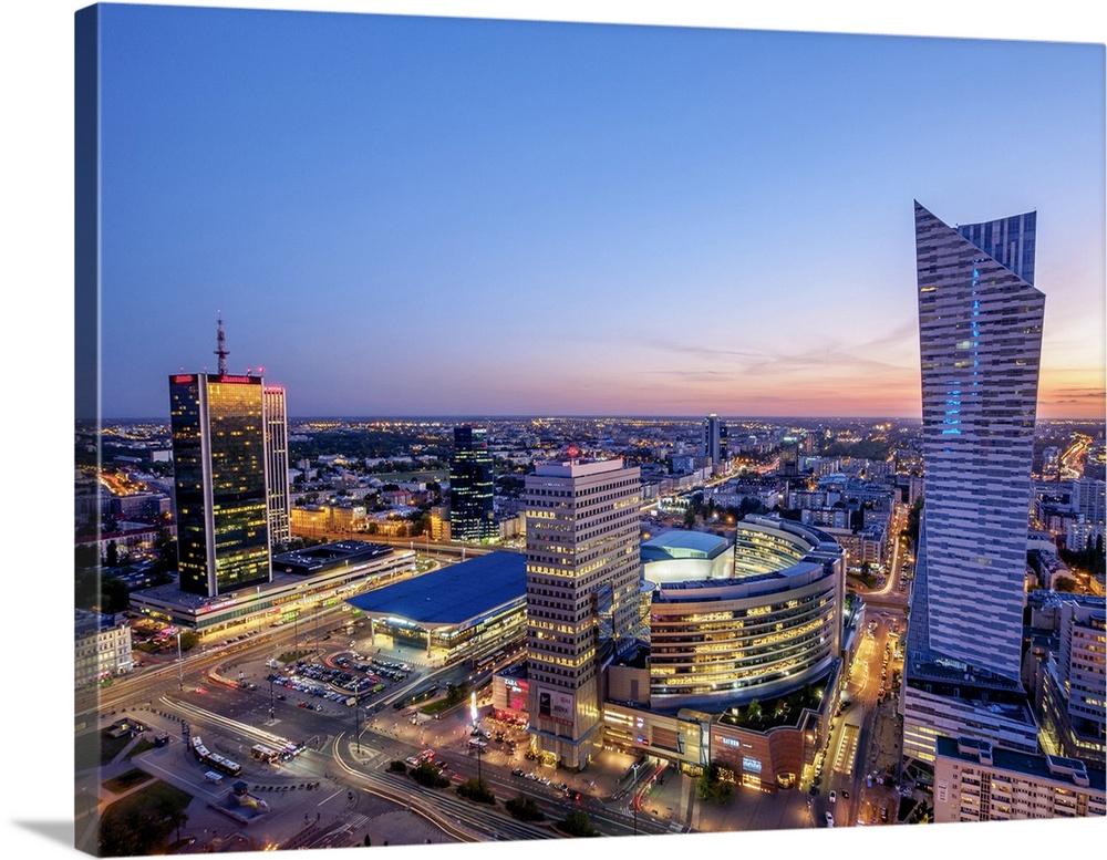 Poland, Masovian Voivodeship, Warsaw City Center Skyscrapers at twilight.