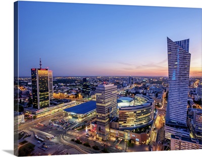 Poland, Masovian Voivodeship, Warsaw City Center Skyscrapers at twilight