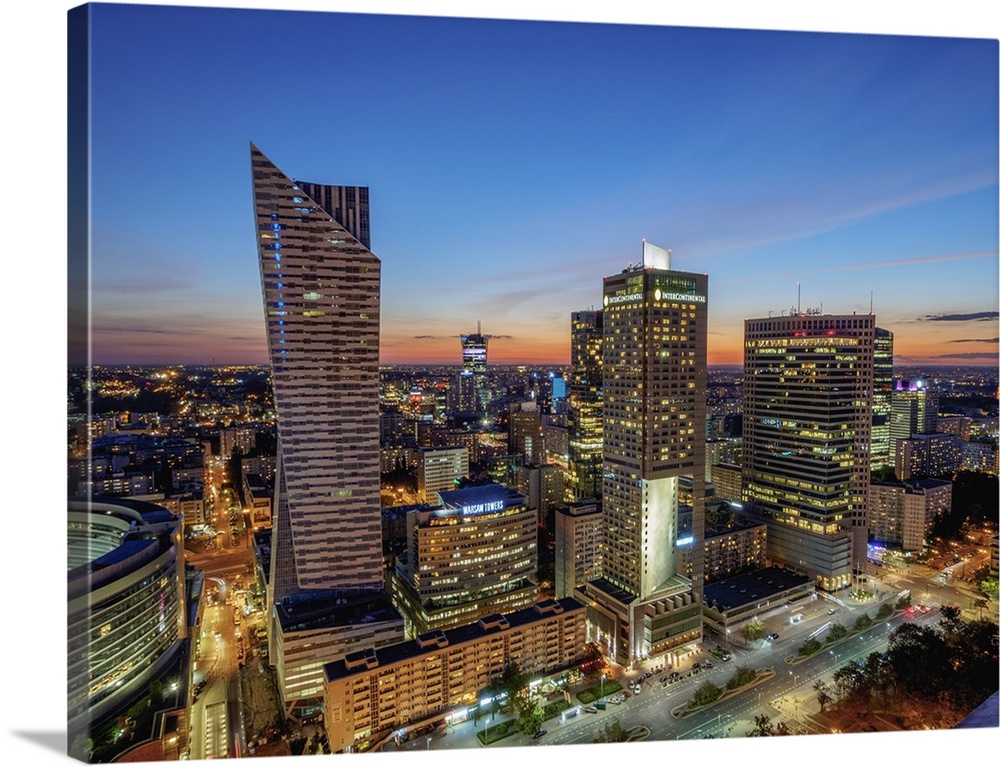 Poland, Masovian Voivodeship, Warsaw City Center Skyscrapers at twilight.