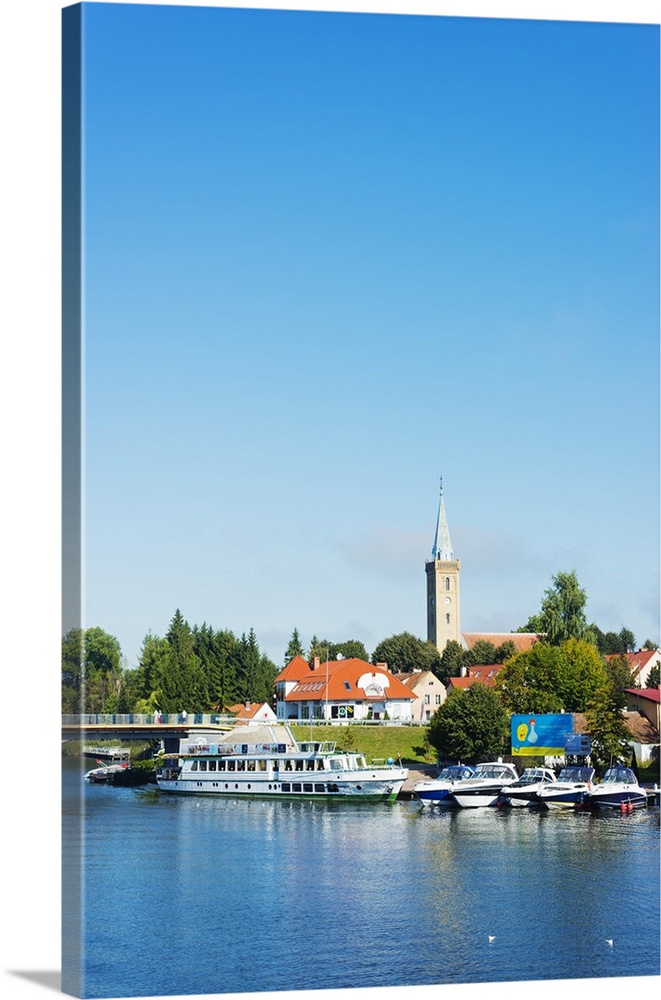 Europe, Poland, Masuria, Great Masurian Lakes, Mikolajki, Lake Mikolajskie, town church.