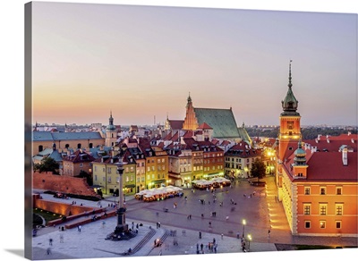 Poland, Warsaw, Old Town, Elevated view of the Castle Square at twilight