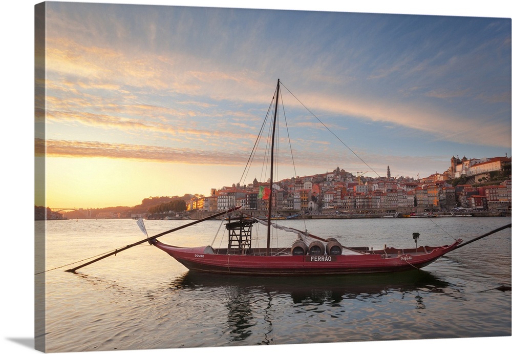 Port wine boats moored on the south bank of Douro River, Porto, Portugal