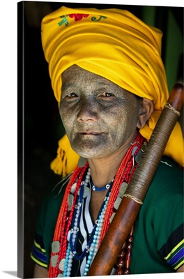 Portrait Of A Woman With Traditional Tattooed Face In Mindat, Chin State, Myanmar